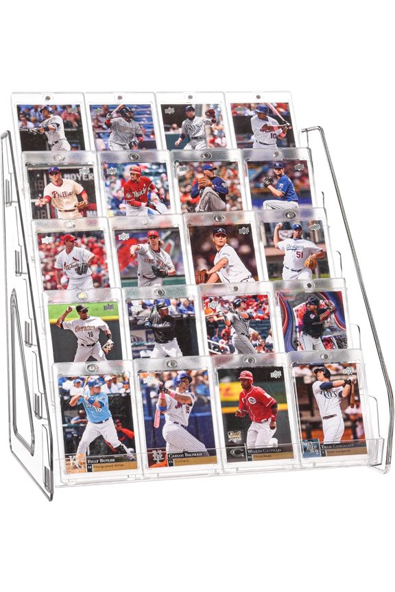 Clear 5 Tier Acrylic Card Display Stand for Trading Cards, Sports Cards, PSA Slabs & Greeting Cards Slanted Holder for Vendors, Collectors & Retail, Tool-Free Setup
