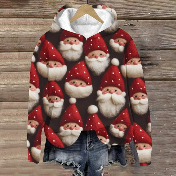 Clear 50% off Wycnly Christmas Sweater Womens Christmas Hoodies Tops Plus Size Girls Cute Santa Claus Print Hooded Sweatshirt Winter Warm Thickened Fleece Pullover Sweate