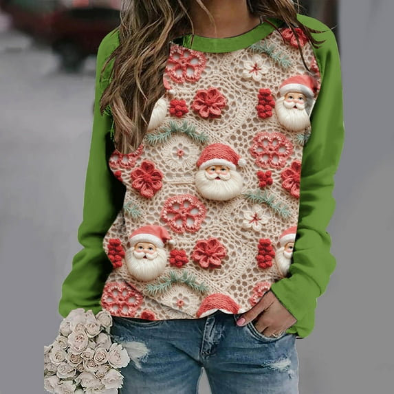 Clear 50% off Wycnly Christmas Sweater Xmas Christmas Sweatshirt Fashion Women Color Block Floral Santa Claus Print Sweatshirt Girls Loose Crewneck Long Sleeve Pullover Blouses