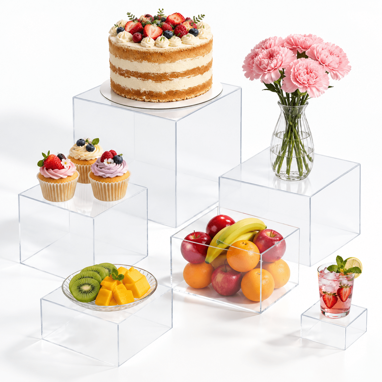 Clear 6-Piece Buffet Risers Set with Signs and Pen, Multi-Size Food and ...