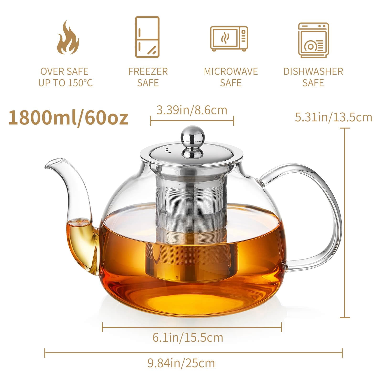 Clear 60OZ Glass Tea Pot with Infuser, Stovetop Safe Serving Set ...