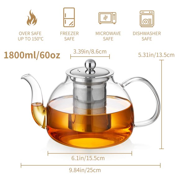 Clear 60OZ Glass Tea Pot with Infuser, Stovetop Safe Serving Set