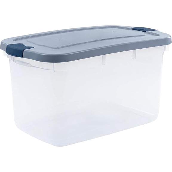 Clear 66 Qt/16.5 Gal Storage Containers, Pack of 4 with Latching Grey Lids, Visible Base, Sturdy and Stackable, Great for Storage and Organization