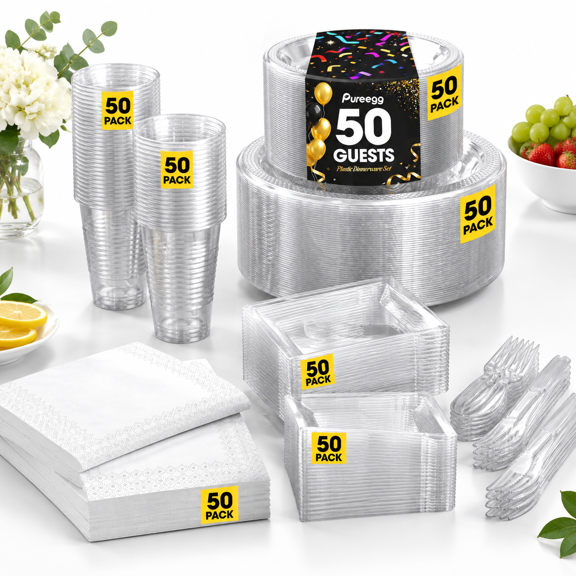 Clear 9.0" Plastic Party Plates Complete Dinnerware Set for 50 Guests