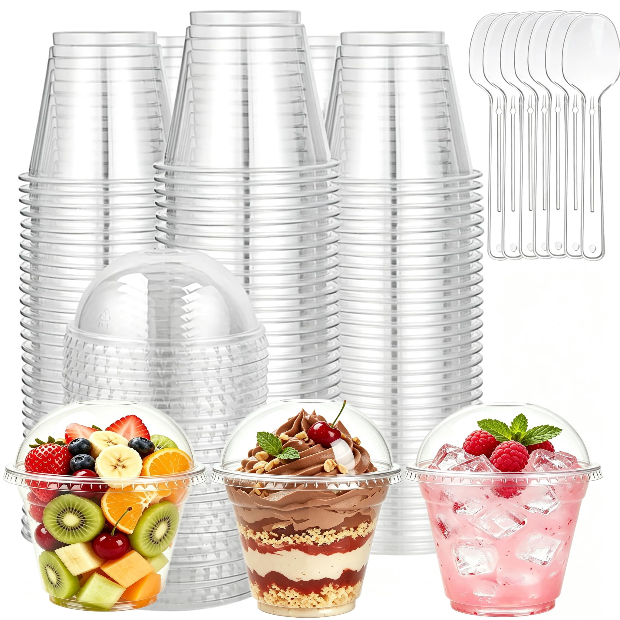 Clear 9 Oz Plastic Dessert Cup with Dome Lid and Spoon 100 Pack ...