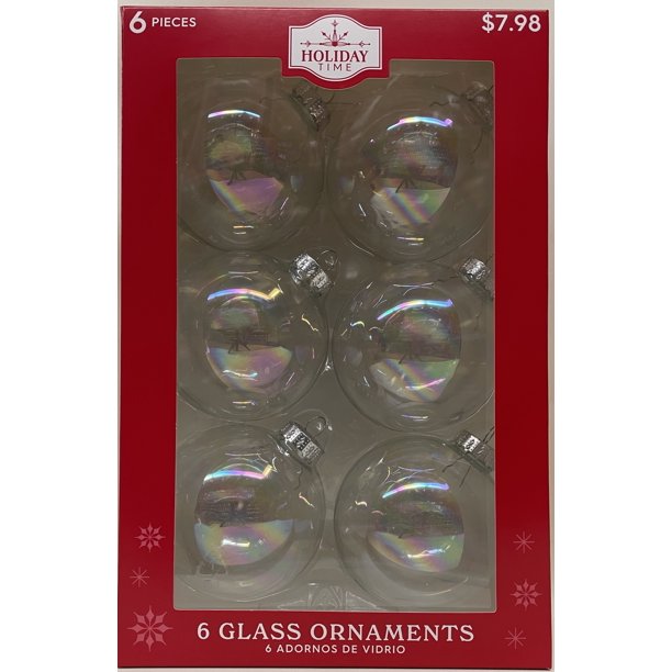 Clear 90mm Glass Iridescent Ball Christmas Ornament, 6 Count, Boxed