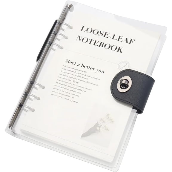 Clear A5 Refillable Notebook Binder with 90 Sheets Lined Paper Black 6-Ring Soft Transparent PVC Binder Cover Protector Shell Loose Leaf Journal Folders with PU Leather Lock Catch Closure