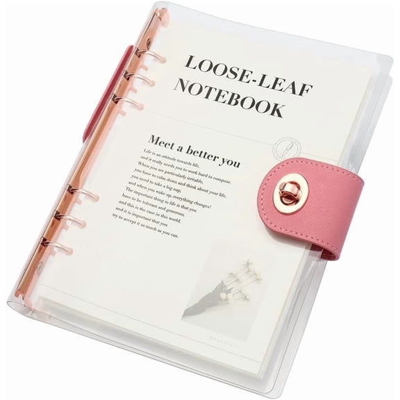 Clear A5 Refillable Notebook Binder with 90 Sheets Lined Paper Rose 6-Ring Soft Transparent PVC Binder Cover Protector Shell Loose Leaf Journal Folders with PU Leather Lock Catch Closure