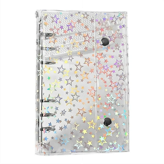 Clear A6 Binder Cover PVC 6-Ring Budget Binders Refillable Notebook Shell Protector Laser Star Planner Folders 2 Snap Buttons Closure for Cash Envelopes A6 Binder Inserts Pockets Pouches