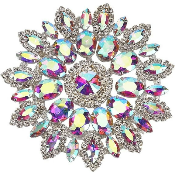 Clear AB Round Glass Rhinestone Applique with Metal Chain Back 4.3inch Floral Rhinestone Patch Flower Patch Platinum Rhinestone Appliques for Wedding Bridal Wedding Dress DIY 1set
