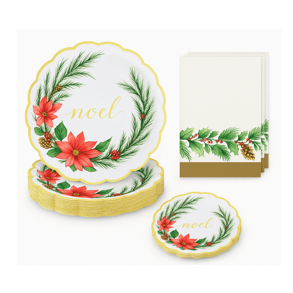 Clear Above Christmas Paper Plate and Napkin Set  10 Dinner Plates, 16 Dessert Plates, 16 Holiday Napkins  Noel Poinsettia Wreath Disposable Tableware for Christmas Parties