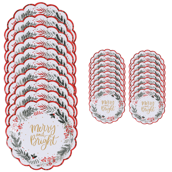 Clear Above Holiday Paper Plates Set 26 Pcs Disposable Tableware (10 Dinner + 16 Dessert) Elegant Christmas Design Heavy