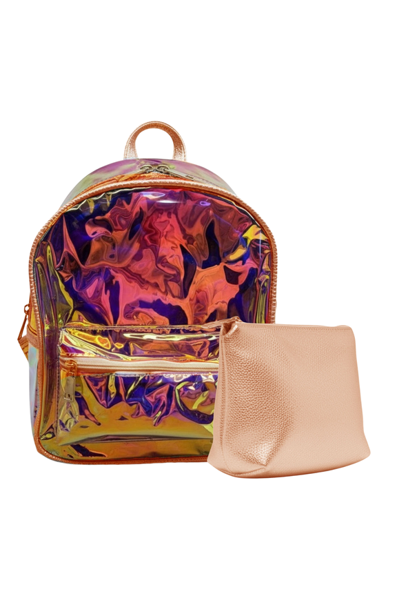 Iridescent Mini Backpack with Purse  Holographic Shoulder Daypack for Travel, Concerts, Festivals & Everyday Fashion (Bronze Trim)