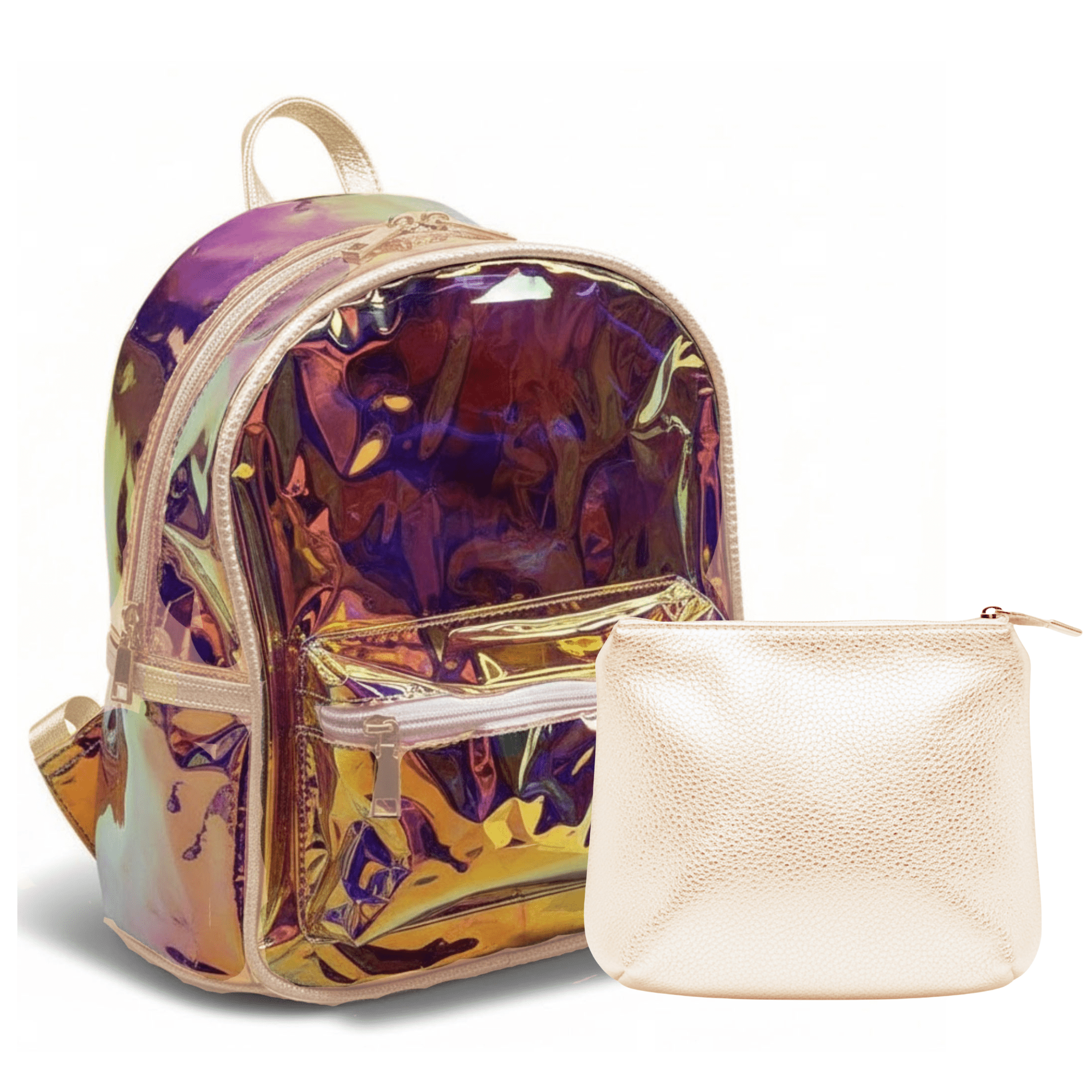 Clear Above Iridescent Mini Backpack with Purse – Holographic Shoulder Daypack for Travel, Concerts, Festivals & Everyday Fashion (Cream Trim)