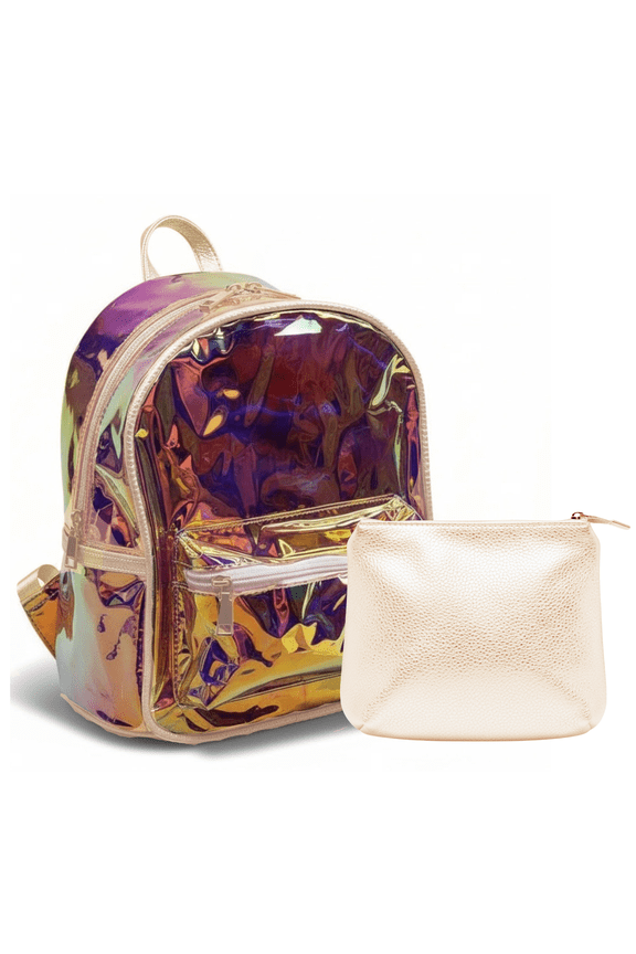 Iridescent Mini Backpack with Purse  Holographic Shoulder Daypack for Travel, Concerts, Festivals & Everyday Fashion (Cream Trim)