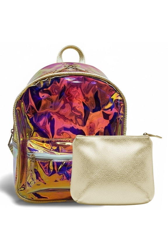 Iridescent Mini Backpack with Purse  Holographic Shoulder Daypack for Travel, Concert, Festival & Everyday Fashion (Gold Trim)