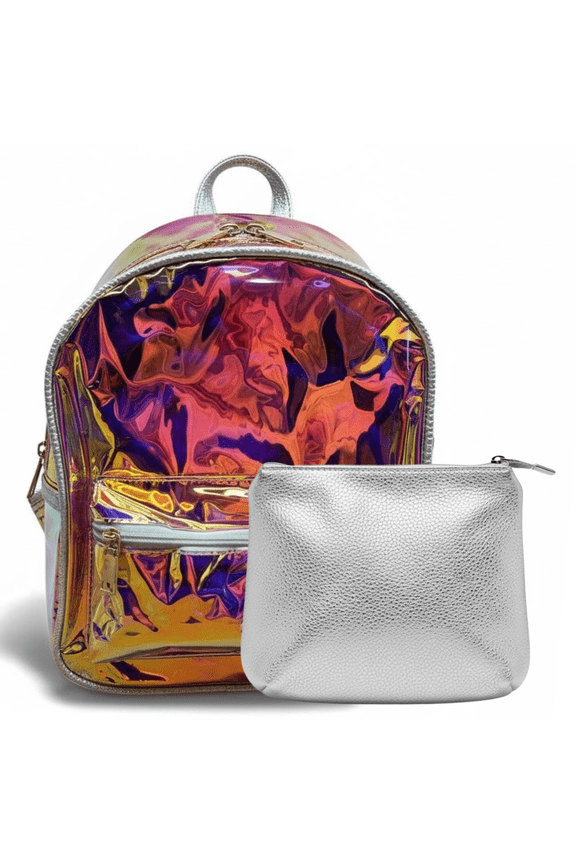 Iridescent Mini Backpack with Purse Holographic Shoulder Daypack for Travel, Concerts, Festivals & Everyday Fashion (Silver Trim)