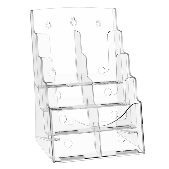 Clear Acrylic 4 Tier Brochure Holder 8.5 x 11 Inch Literature Display Stand with Removable Divider for Office Exhibition Countertop or Wall Mount