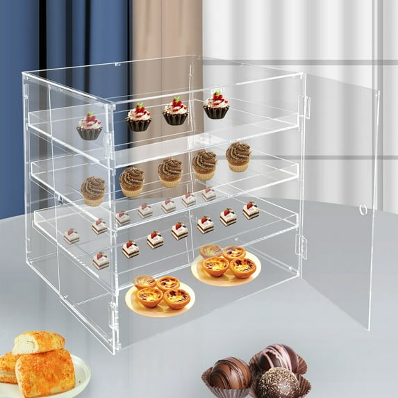 Clear Acrylic Bakery Display Case with 3 Tiers, Magnetic Lock, and Stainless Steel Hardware for Secure, Stylish Dessert Storage