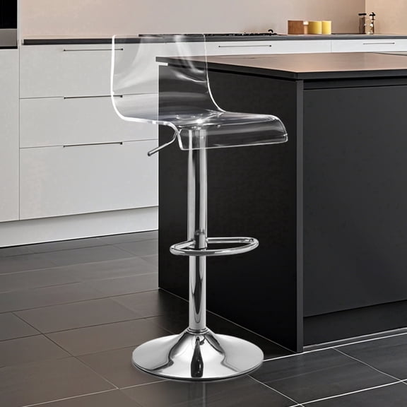 Clear Acrylic Bar Stools, 360° SAwivel Height Adjustable Bar Chairs with Backrest, Transparent Counter Height Stools with Silver Metal Base for Kitchen Island, Bar, Cafe, Vanity (Silver)