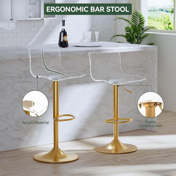 Clear Acrylic Bar Stools Set of 2 Adjustable Swivel Barstools with Backrest & Footrest, Modern Transparent Counter Stools for Kitchen Island, Dining Room, Bar, Caf, Pub (Gold Base)$$Furniture