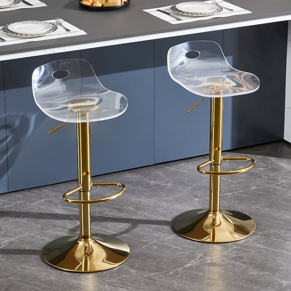 Lessmore Clear Acrylic Swivel Bar Stool - Set of 2, Adjustable Height with Backrest, Gold Base