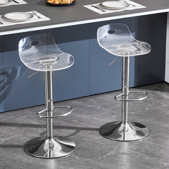 Lessmore Clear Acrylic 360 Swivel Bar Stool with Backrest - Set of 2, Adjustable Height, Silver Base