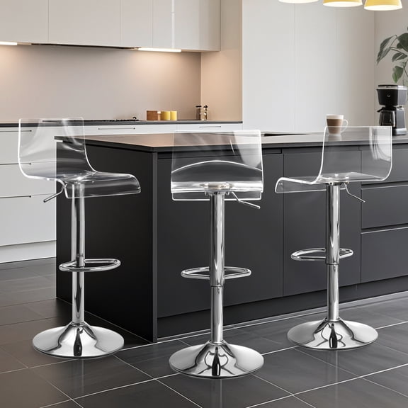 Clear Acrylic Bar Stools set of 3 , 360° SAwivel Height Adjustable Bar Chairs with Backrest, Transparent Counter Height Stools with Silver Metal Base for Kitchen Island, Bar, Cafe, Vanity (Silver)