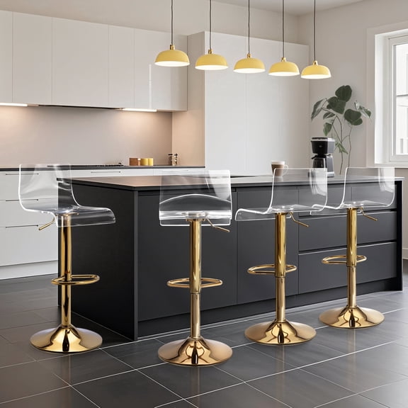 Clear Acrylic Bar Stools set of 4 , 360° Swivel Height Adjustable Bar Chairs with Backrest, Golden Base Transparent Counter Height Stools with Footrest for Kitchen Island, Bar, Cafe ( Gold )
