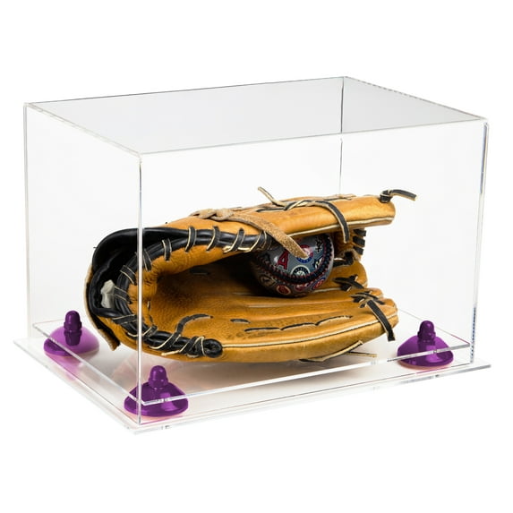 Clear Acrylic Baseball Glove Display Case with Purple Risers and Clear Base (A004-PR)