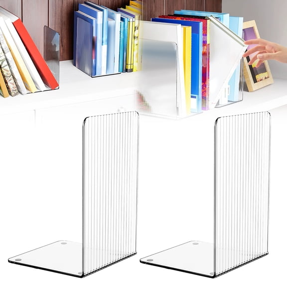 Clear Acrylic Bookends for Shelves 2 Pcs Transparent L-Shaped Book Stand Holder with Non-Slip Pads Decorative Book Stoppers for Heavy Duty Books Office Desktop Library Organization