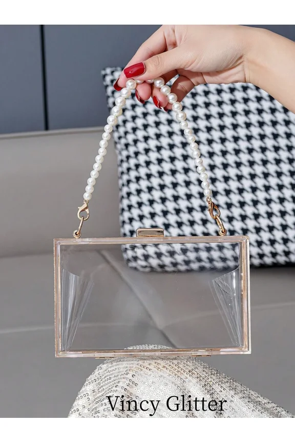 Clear Acrylic Box Clutch With Pearl Chain Handle Small Evening Crossbody