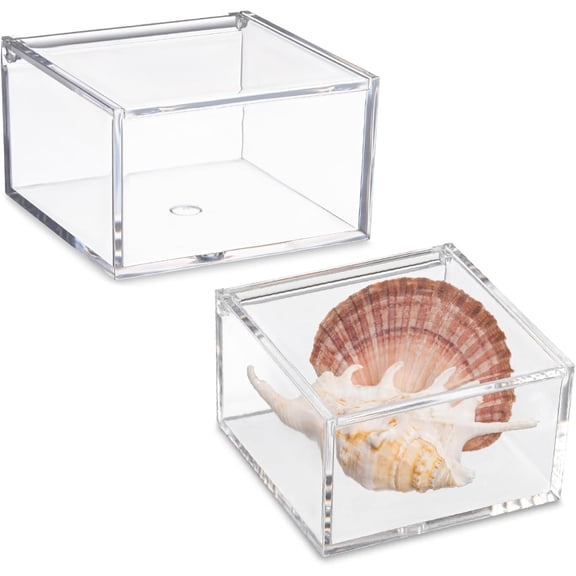 Clear Acrylic Box with Hinged Lid  Small Plastic Organizer for Office, Desk, Makeup, Crafts, Cotton Balls, Jewelry & More | SECTIONAL: 4"x4"x2.5" (2 Pack)