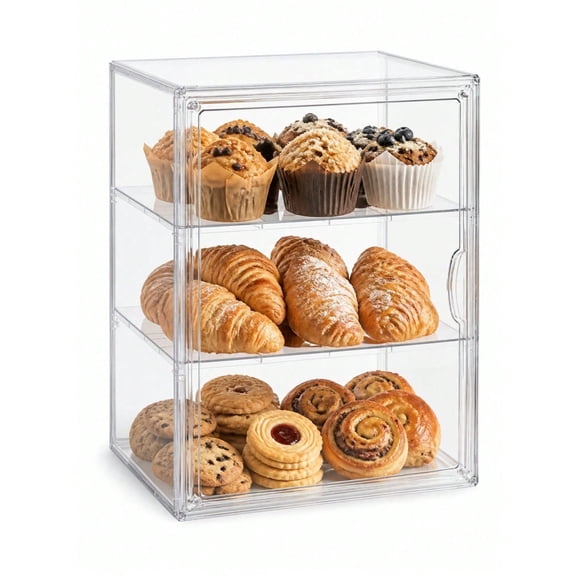 Clear Acrylic Bread Box With Magnetic Door, 3-Tier Pastry Display Case For Bakery Display And Counter Organization