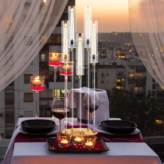 Clear Acrylic Candlestick Set - 8 Hollow Columns with Interchangeable Lampshades, Wedding & Holiday Party Essentials