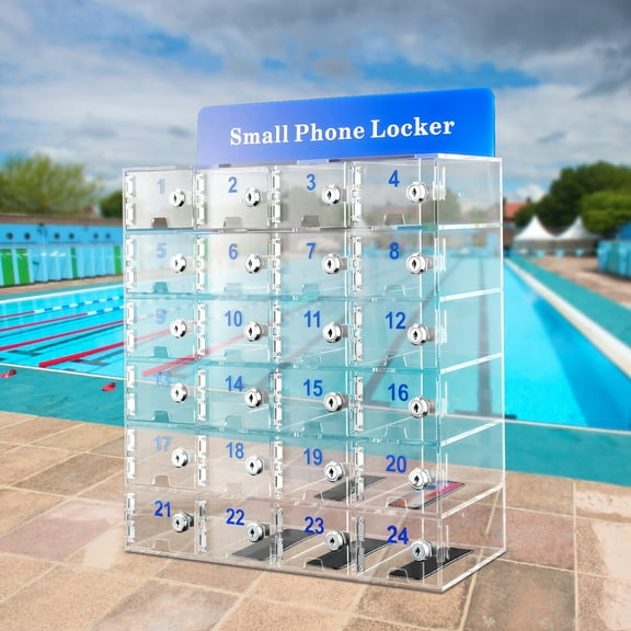 Clear Acrylic Cell Phone Locker Box Storage Cabinet Pocket w/ Door Lock 24 Slots For Classrooms, Conference Rooms, Offices, Gyms