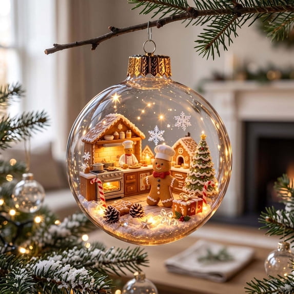 Clear Acrylic Christmas Snow Globe Ornament, 2D House Scene Ball Pendant for Holiday Tree Decor.