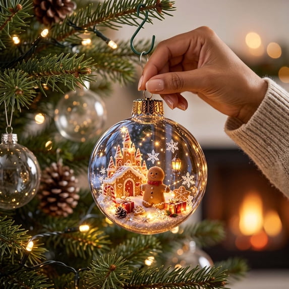 Clear Acrylic Christmas Snow Globe Ornament, 2D House Scene Ball Pendant for Holiday Tree Decor.