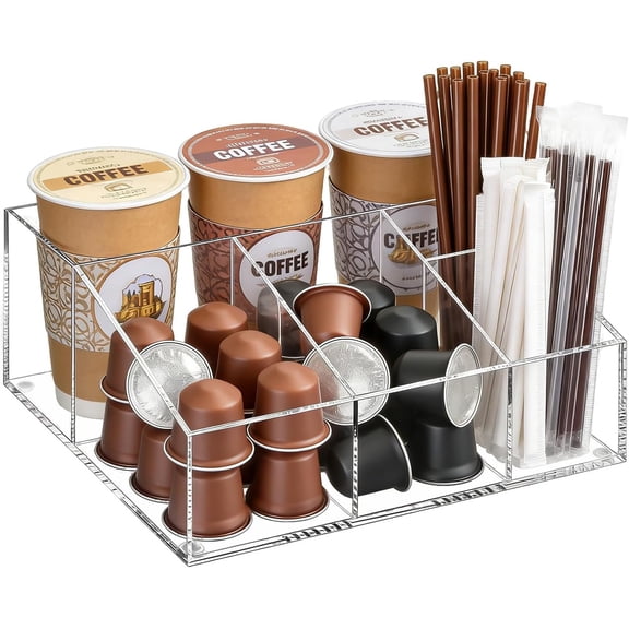 Clear Acrylic Coffee Station Organizer, Multi-Compartment Coffee Bar Caddy for Pods, Syrups, Cups & Accessories, Transparent Countertop Storage Holder