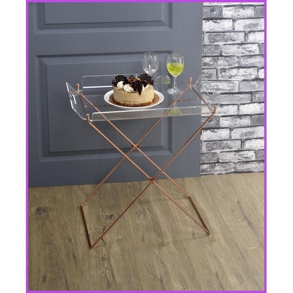 Clear Acrylic Coffee Table with Removable Tray & Copper Metal X Base, Easy-Clean & Stable for Living Room