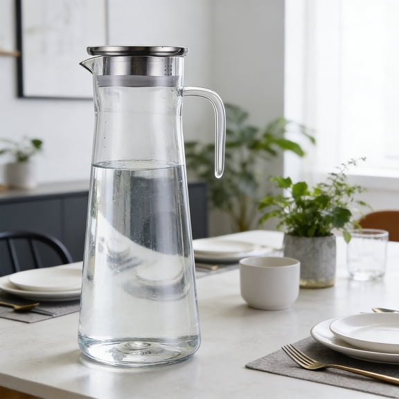 Clear Acrylic Cold Beverage Pitcher With Stainless Lid, Modern Fluted Texture, 1000 1200 Or 1500 1600 Ml Options, Heat Tolerant PC, Easy Grip Handle, Spill Proof Pouring, For Home Office Parties