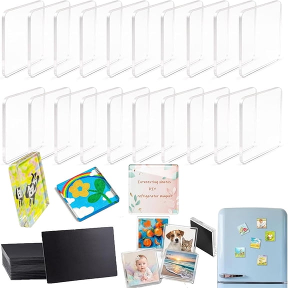 Clear Acrylic DIY Fridge Magnet Set with Adhesive Backing – Square Magnetic Photo Frames with Stunning 3D Effect, Easy Peel & Stick Square Photo Frames for DIY Fridge, Whiteboard, Scrapbooking