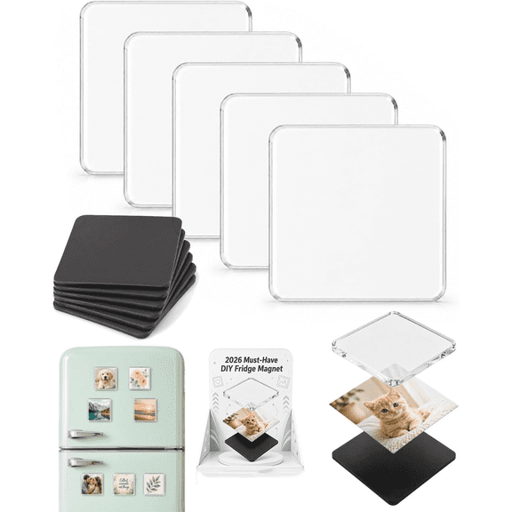 Clear Acrylic DIY Fridge Magnets, 2x2 Inch Square Photo Frames with Adhesive Backing, 3D Effect