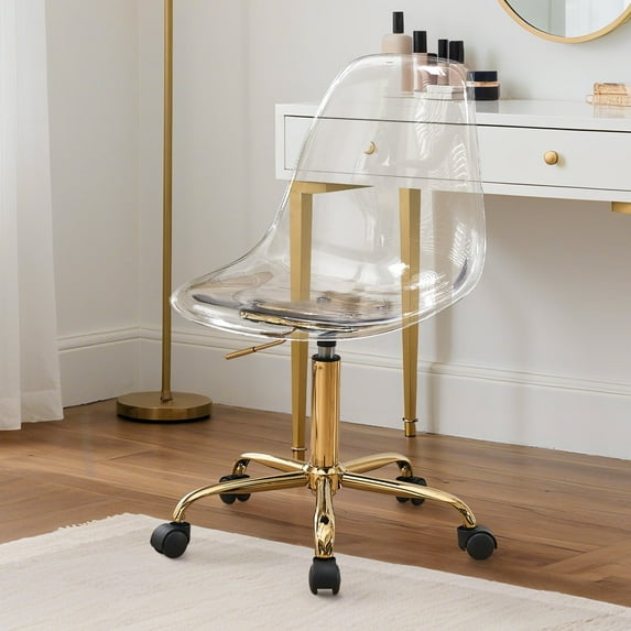 Clear Acrylic Desk Chair, Modern Acrylic Home Office Chairs with Wheels for Office, Home (Gold)
