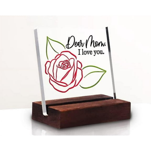 Clear Acrylic Desk Decorative Sign With Wooden Stand Embossed Rose & I Love You Quotes For Mothers Day Birthday Gifts for Mom Presents For Mom From Son Daughter Valentines Day Christmas Gifts