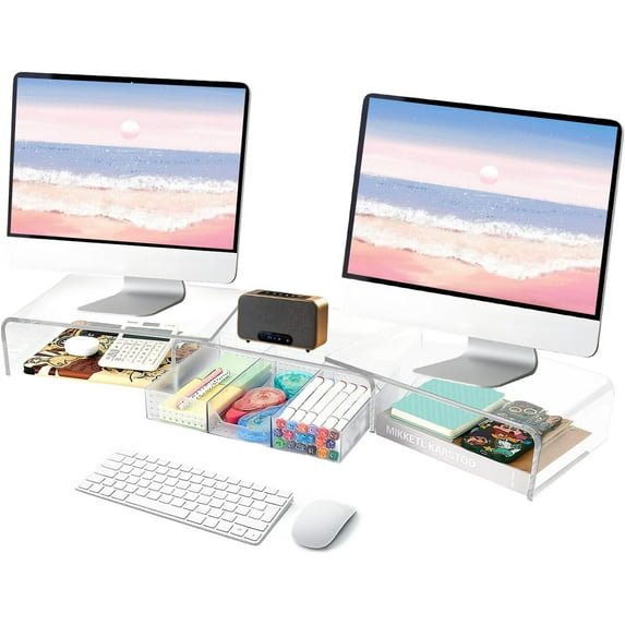 Clear Acrylic Desk Organizers and Accessories, Dual Computer Monitor Stand Riser with Drawer, Desk Shelf for Monitor, Workspace Desktop Organization for Office Supplies