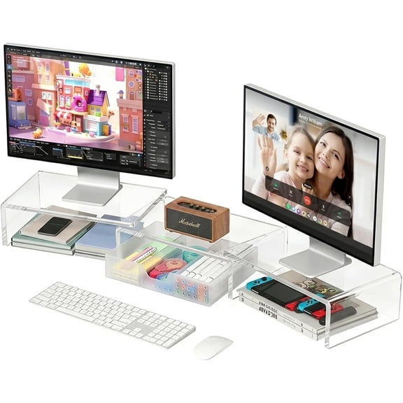 Clear Acrylic Desk Organizers and Accessories, Dual Monitor Stand Riser with Drawer, Desk Shelf Computer Racks for Office Workspace Organizers, Desktop Organization (Transparent)