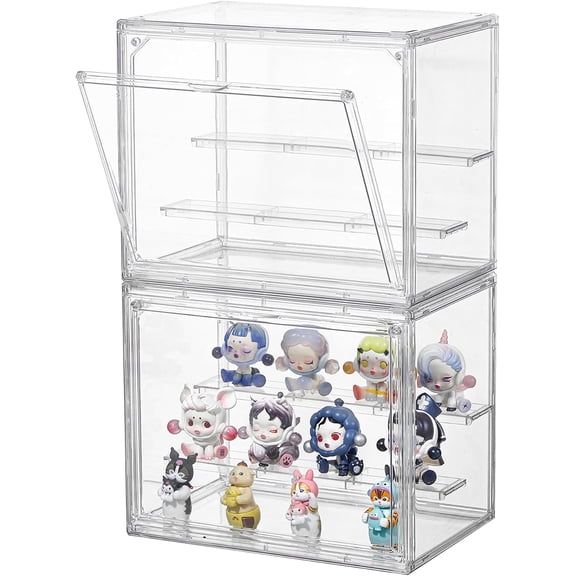 Clear Acrylic Display Case,2 Pack 3 Tier Adjustable Box Stand with 2 Movable Plates, Small Showcase Magnetic Door for Mini Action Figures Collectibles (Small