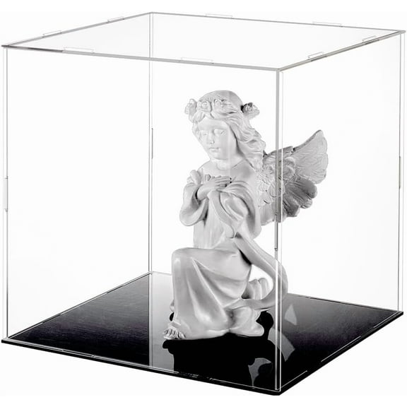 Clear Acrylic Display Case with Black Base 4 Pcs Rubber Rings 10x10x10 Inch Cube Clear Self-Assembly Acrylic Box Dustproof Protection Showcase for Action Figures Collectibles Toys for DIY