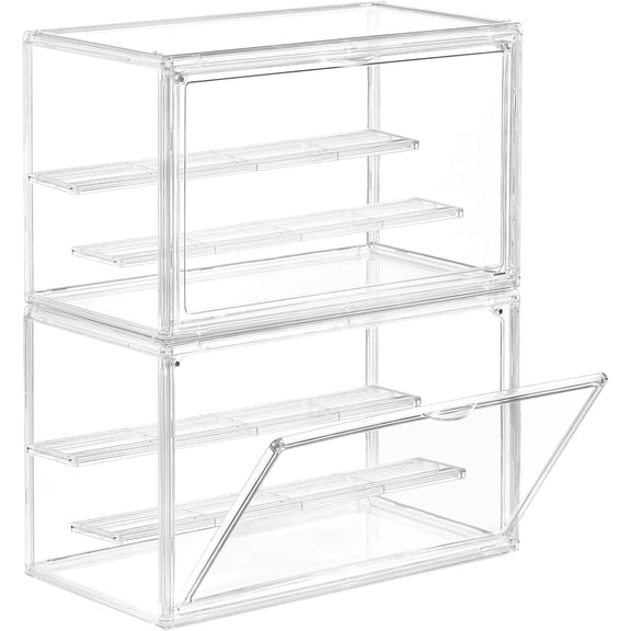 Clear Acrylic Display Case for Collectibles - 3-Tier Adjustable Figure Display with Magnetic Door & Removable Shelves,Stackable Dispaly box for Figures - 2 Pack